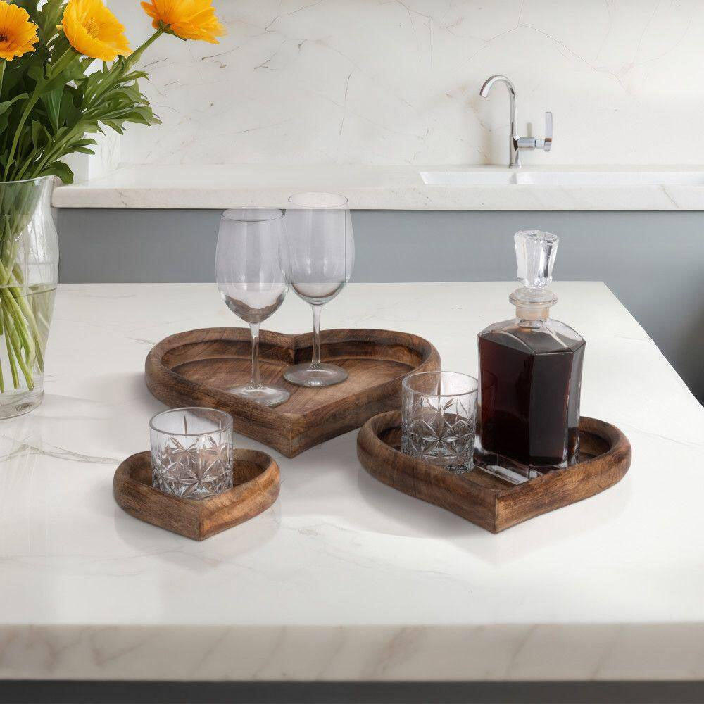 Dark Brown 7/11/14 In. Wood Heart-Shaped Decorative Trays (Set of 3)