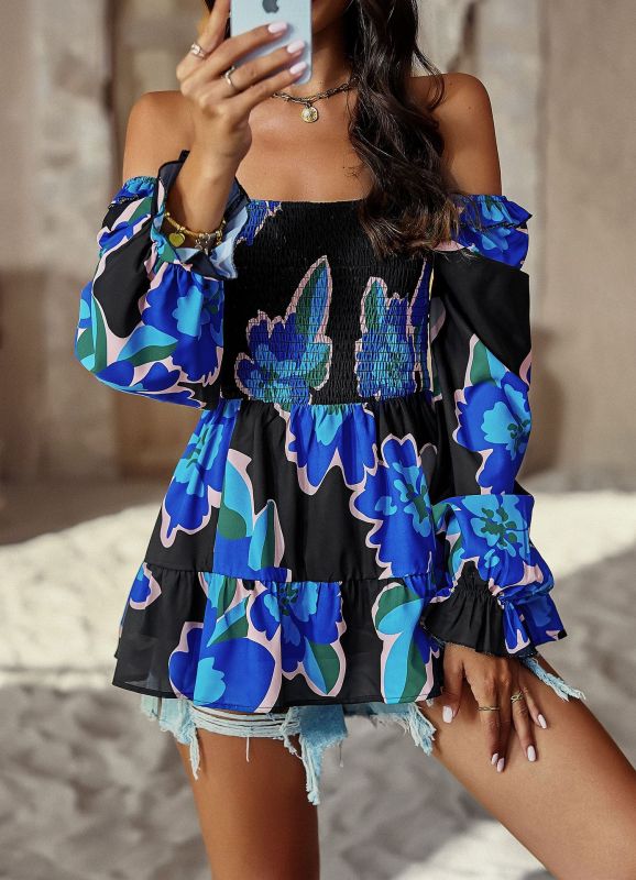Morganna Women's Square Neck Temperament Casual Printed Long Sleeve Shirt Top
