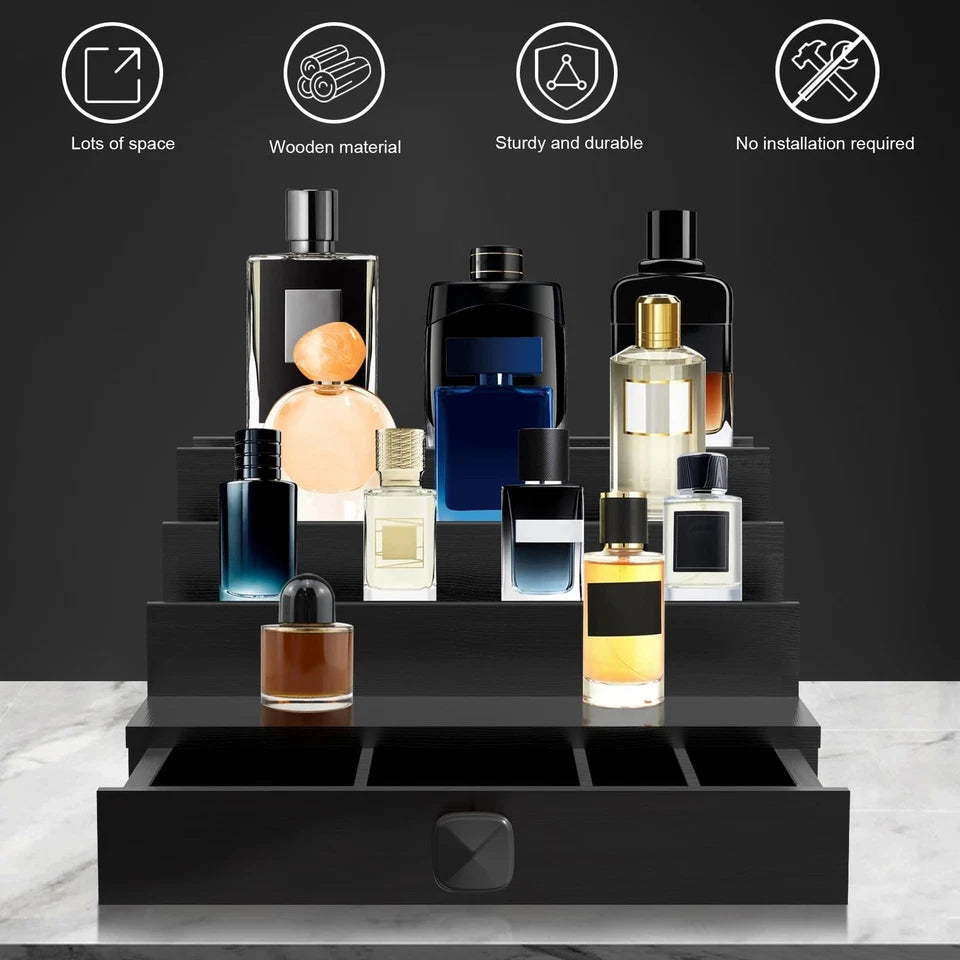 Cologne Organizer, 4 Tier Black Wood Perfume Organizer with Felt Lini...