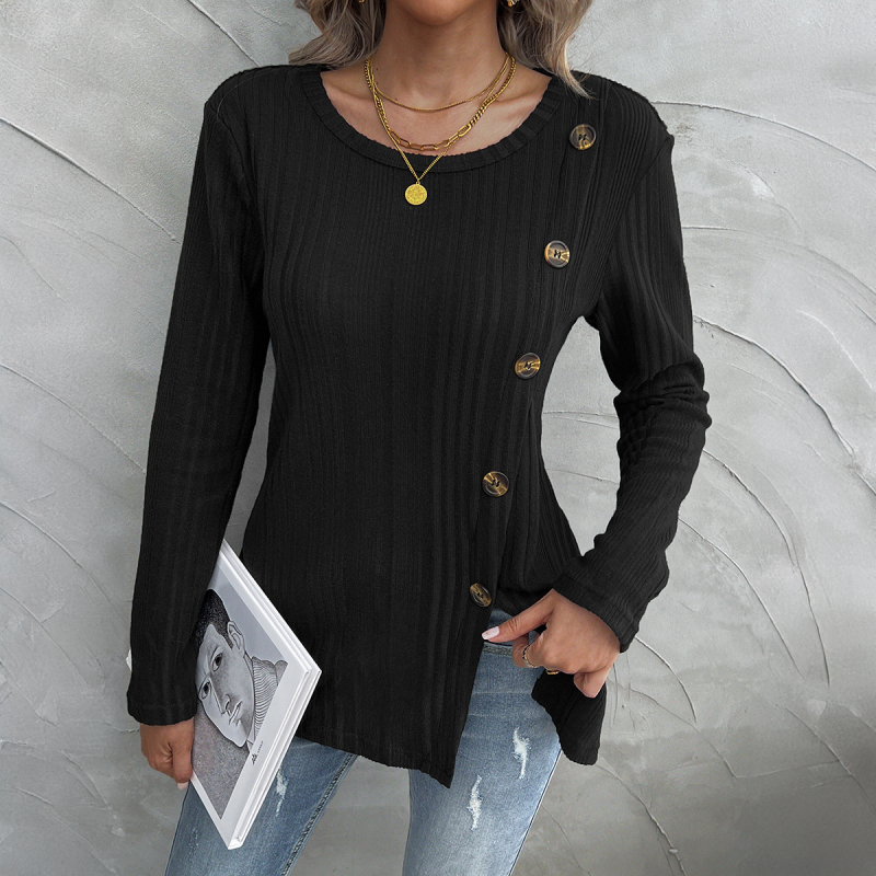 Ember Women's Round Neck Slit Button Long Sleeve Top