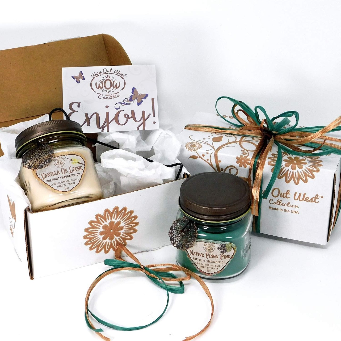 Way Out West Scented Candles in Piñon Pine & Vanilla De Leche - Gift Ready, Boxed Set of 2 Jar Candles - Fragrant, Long Lasting Soy Wax Blend - Delightful Soothing Fragrances for a Warm, Cozy Home