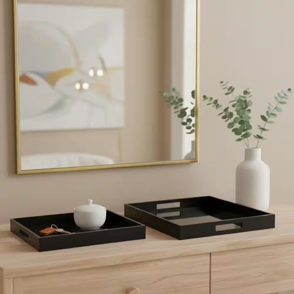 Black Rectangular Wood/Glass 14/18 In. Decorative Tray Set (Set of 2)