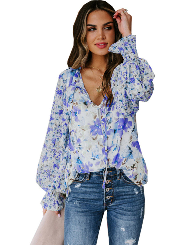 Shaniah Women's Loose Floral Pattern Fashion Lantern Sleeve Top