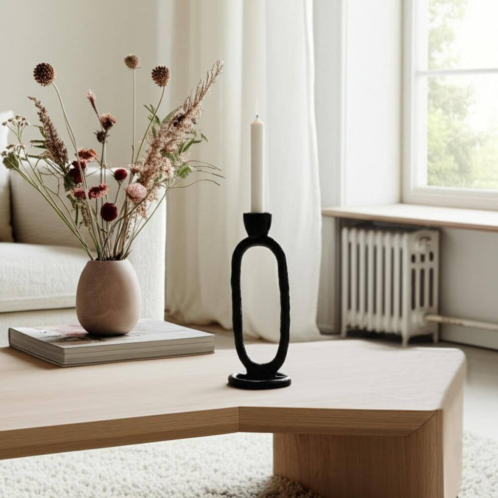 8 In. Black Metal Open Oval Ring Taper Candle Holder