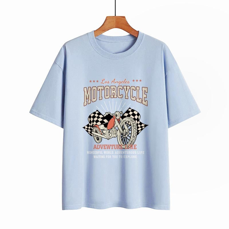 Kylee Street Retro Motorcycle Letter Print Collarless Loose Women's T-Shirt