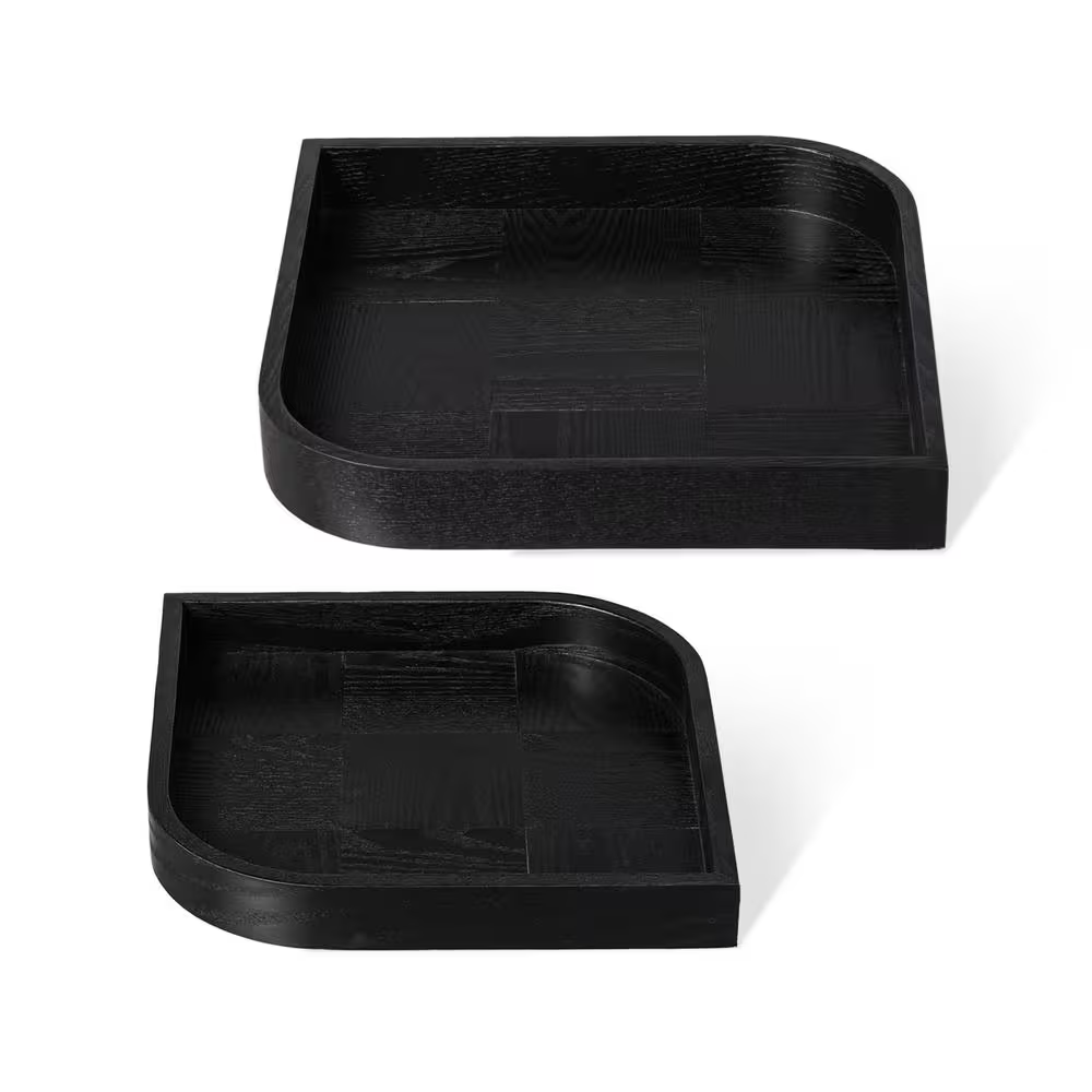 Black Leaf Shape Ash Wood Decorative Trays (Set of 2)