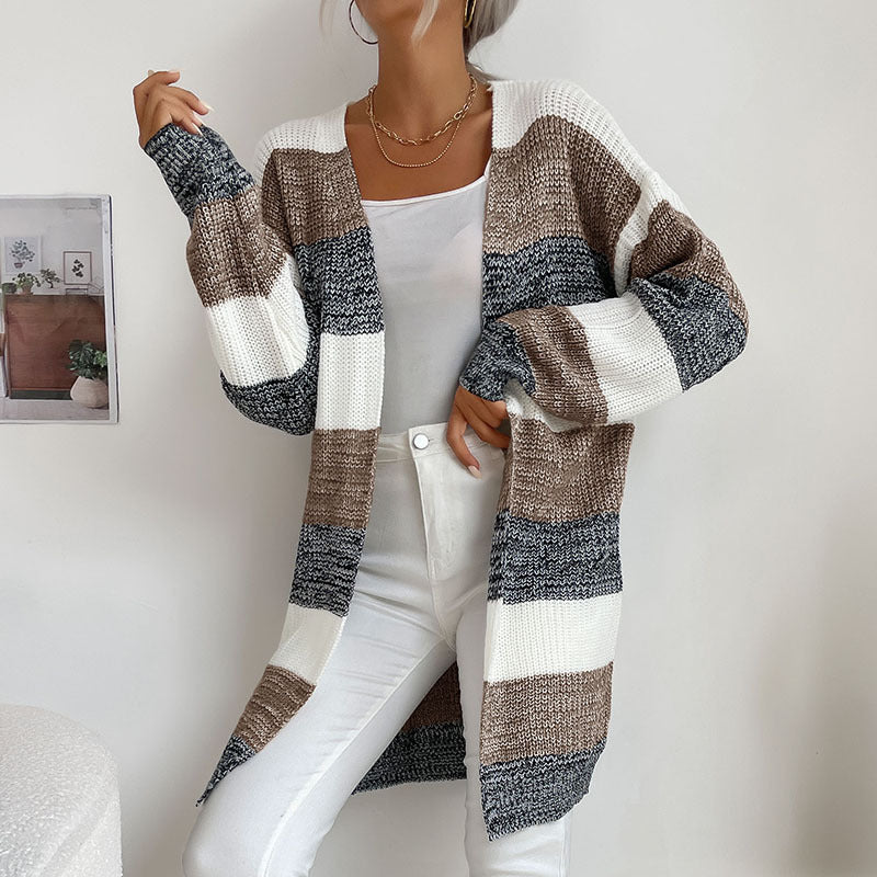 Reese Women's Fashion New Arrival Long Buttonless Colorblock Sweater Jacket