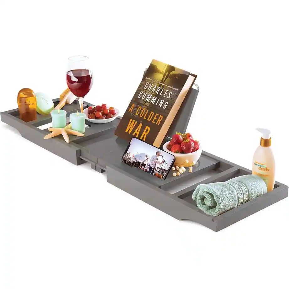 Expandable Bamboo Bathtub Tray with Wine Holder & Book Stand Bath Caddy
