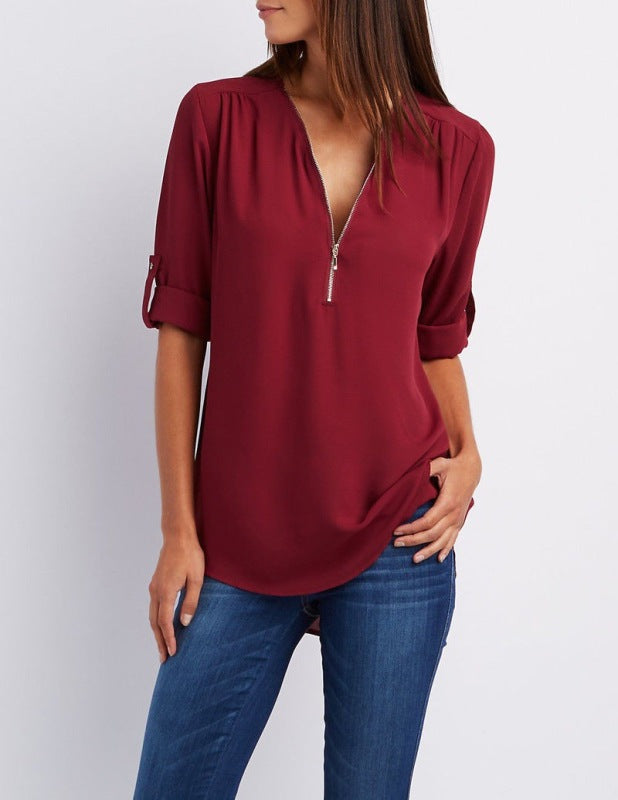 Lysandra V-Neck Zipper Large Size Women's Long-Sleeved Pull-Sleeve Loose Commuter Chiffon Shirt