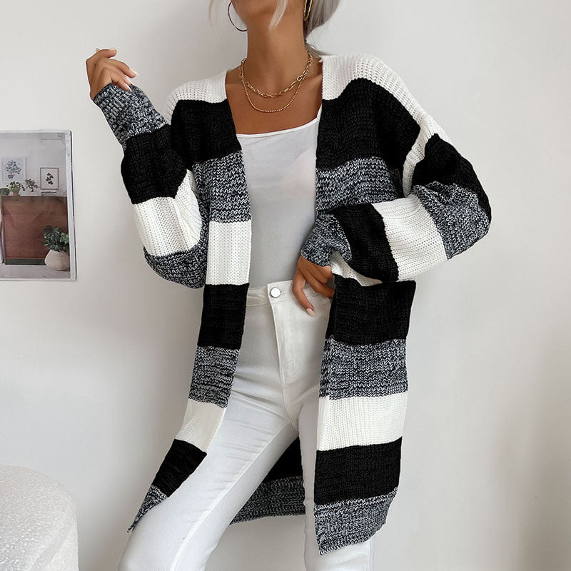 Reese Women's Fashion New Arrival Long Buttonless Colorblock Sweater Jacket