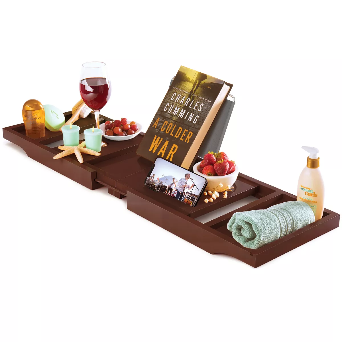 Luxury Bamboo tub Tray Caddy - Brown Expandable and Foldable Non-Slip Caddy with Book, Tablet, Wine Glass Holder - Unique Gift for Her or Him