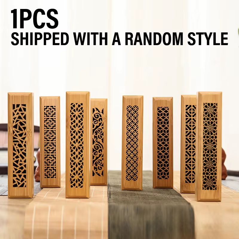 Natural Bamboo Incense Burner Hollowed Line Incense Stick Holders Aromatherapy Wooden Box with Laying Plate Burn Box Ash Catcher