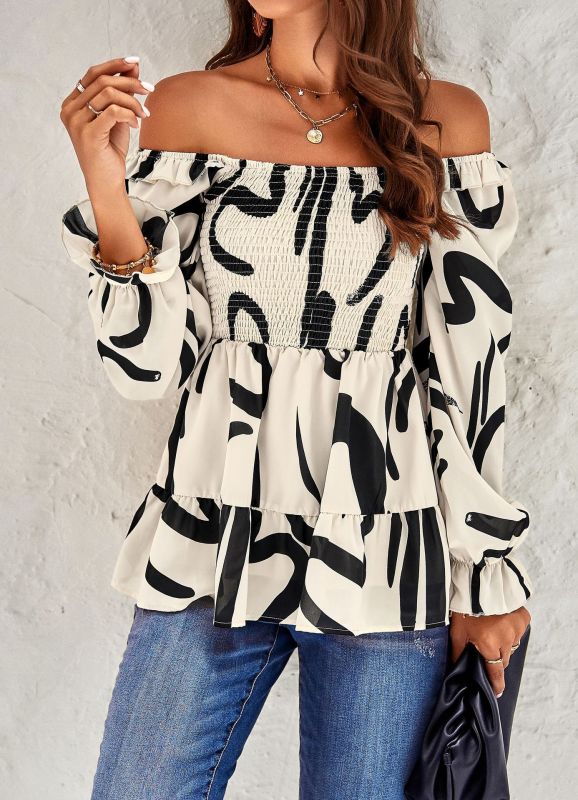 Morganna Women's Square Neck Temperament Casual Printed Long Sleeve Shirt Top