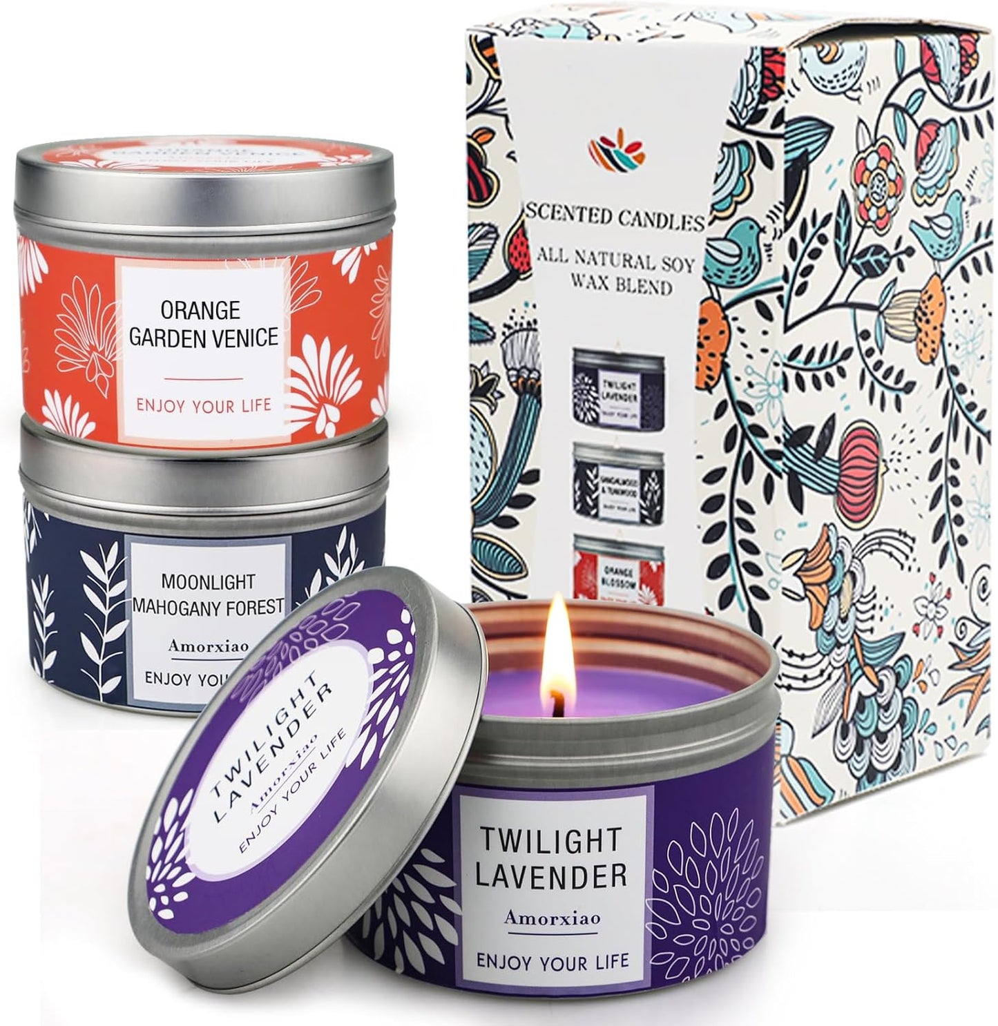 Scented Candles Gift for Women, Large 3 Pack 100 Hours Burning Time Soy Wax Candles, Bulk Value Aromatherapy Candle Set with Birthday Mothers Day Gift Box- Lavender, Orange Blossom & Mahogany Candle