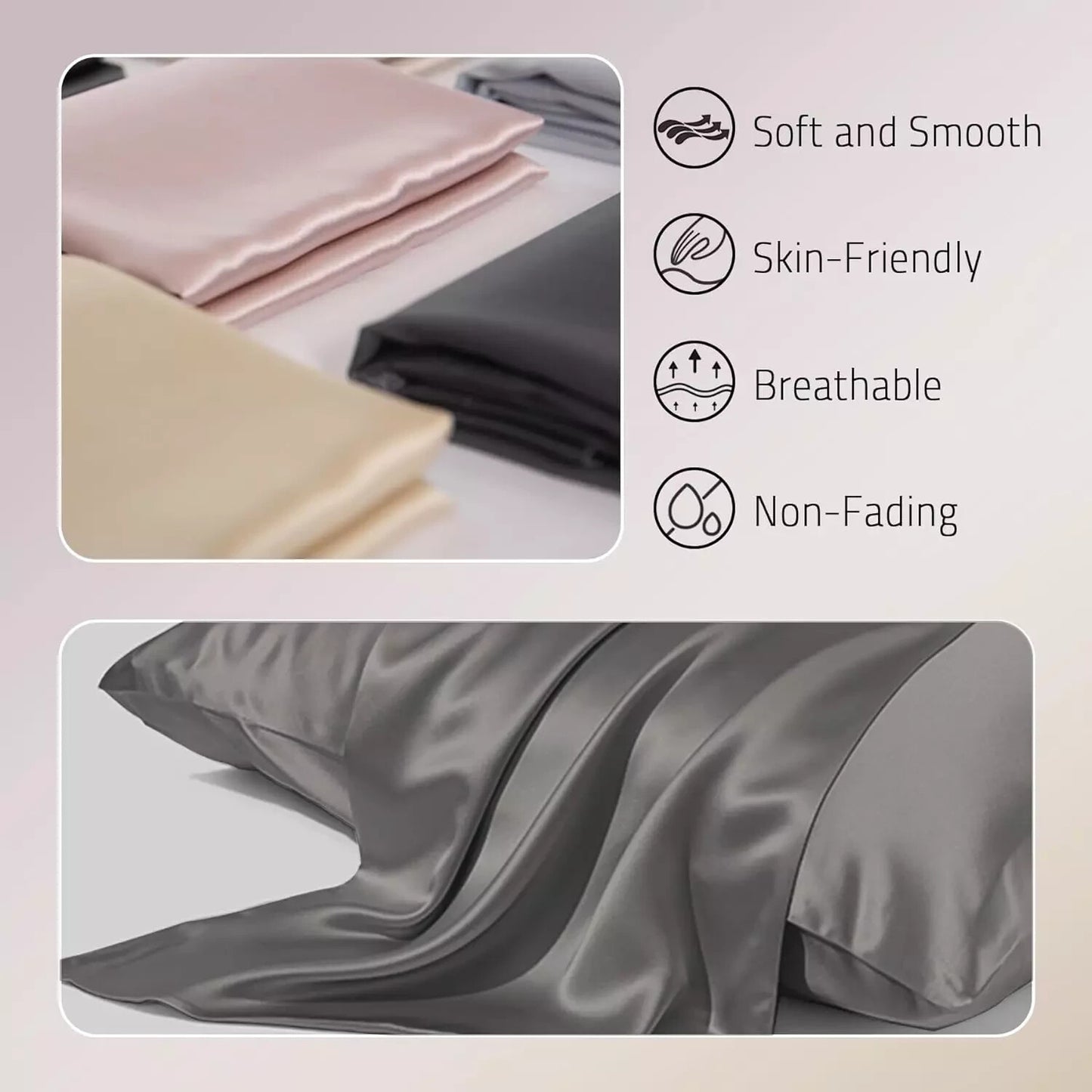 Organic Silk Pillowcase: Prevents Acne, Hidden Zipper, Grey - Standard Size (20"