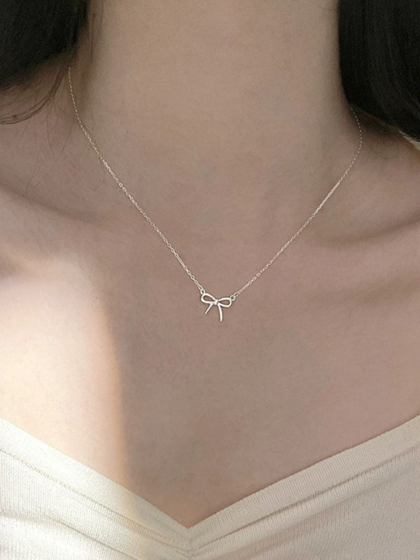 New 925 Sterling Silver Simple and Sweet Clavicle Bow Necklace