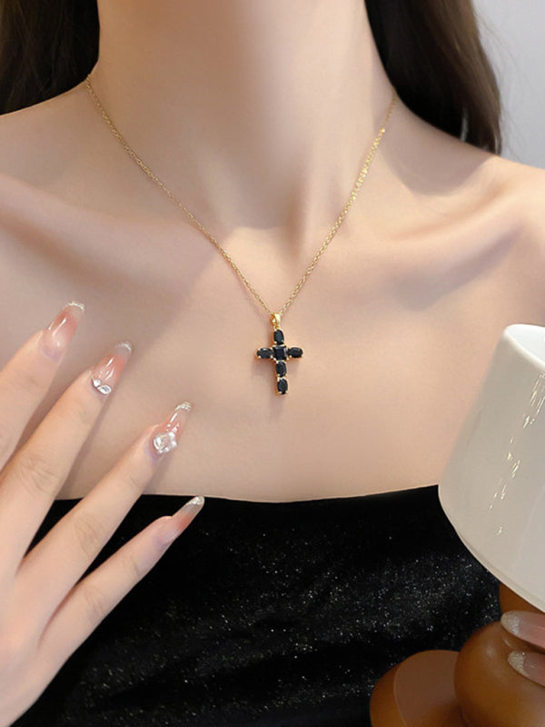 Inlaid ZIrcon Cross Pendant Necklace Elegant Clavicle Chain