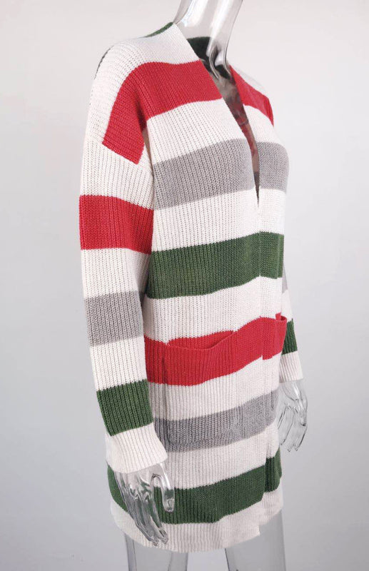Jody Ladies Casual Fashion Striped Contrast Knit Cardigan