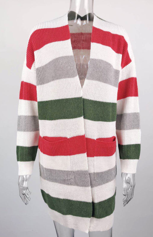 Jody Ladies Casual Fashion Striped Contrast Knit Cardigan