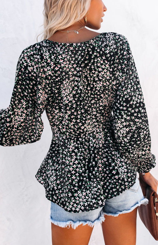 Dixie Women's Floral Print V-Neck Tie Waist Long Sleeve Shirt