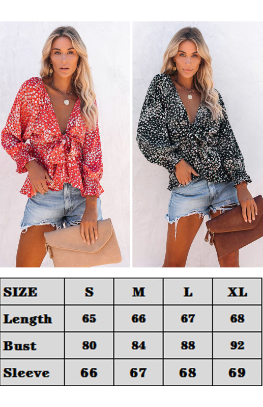 Dixie Women's Floral Print V-Neck Tie Waist Long Sleeve Shirt