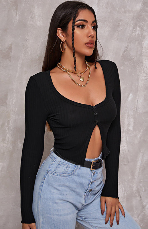 Cheyenne Women's Sexy Button Crop Long Sleeve Top