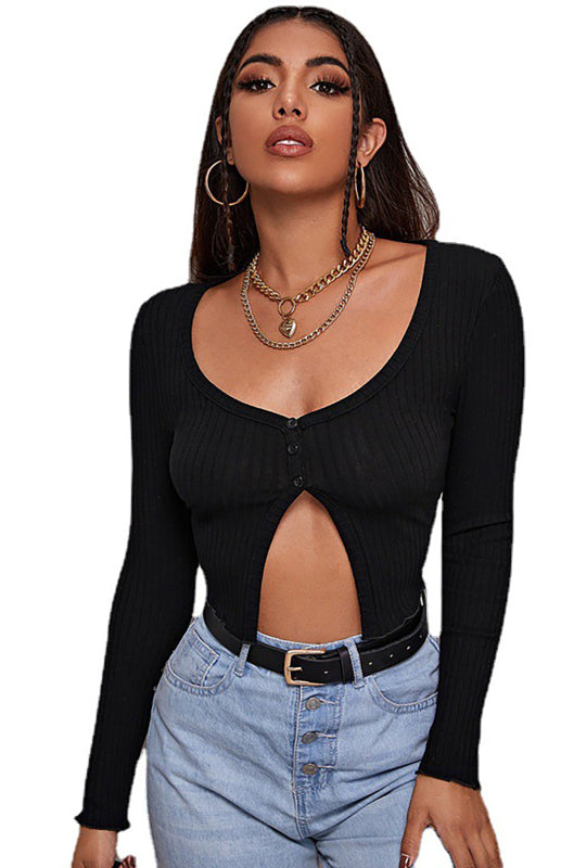 Cheyenne Women's Sexy Button Crop Long Sleeve Top