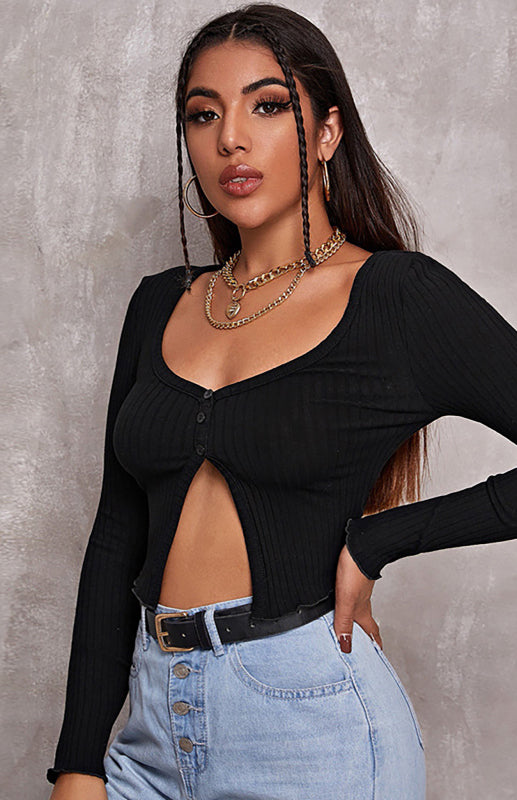 Cheyenne Women's Sexy Button Crop Long Sleeve Top