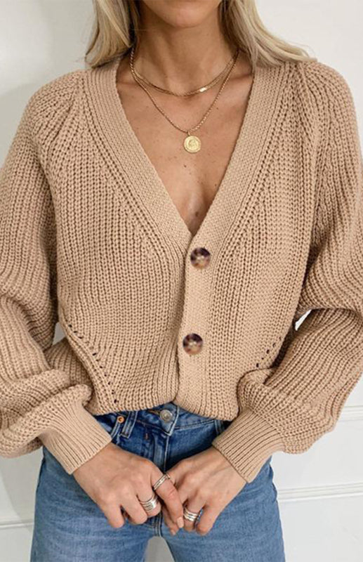 Tori Solid V-Neck Lantern Sleeve Button Knit Cardigan