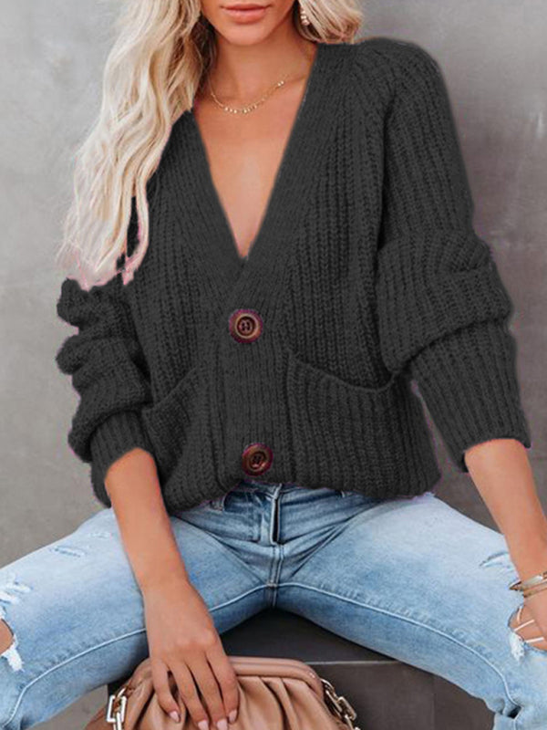 Eileen Solid V-Neck Single Breasted Long Sleeved Sweater