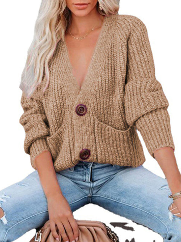 Eileen Solid V-Neck Single Breasted Long Sleeved Sweater