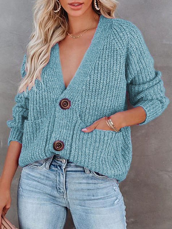 Eileen Solid V-Neck Single Breasted Long Sleeved Sweater