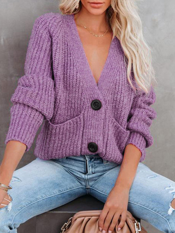 Eileen Solid V-Neck Single Breasted Long Sleeved Sweater