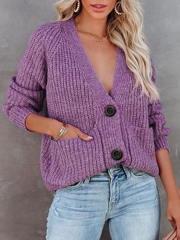 Eileen Solid V-Neck Single Breasted Long Sleeved Sweater
