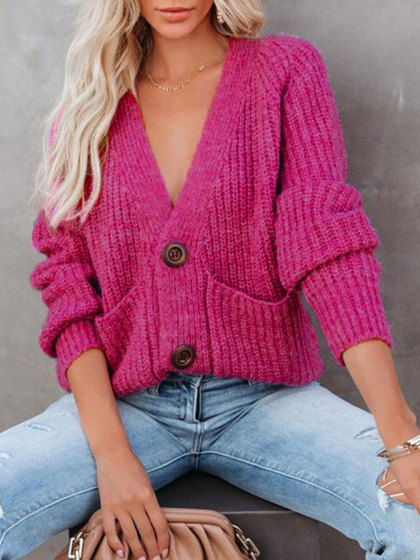 Eileen Solid V-Neck Single Breasted Long Sleeved Sweater