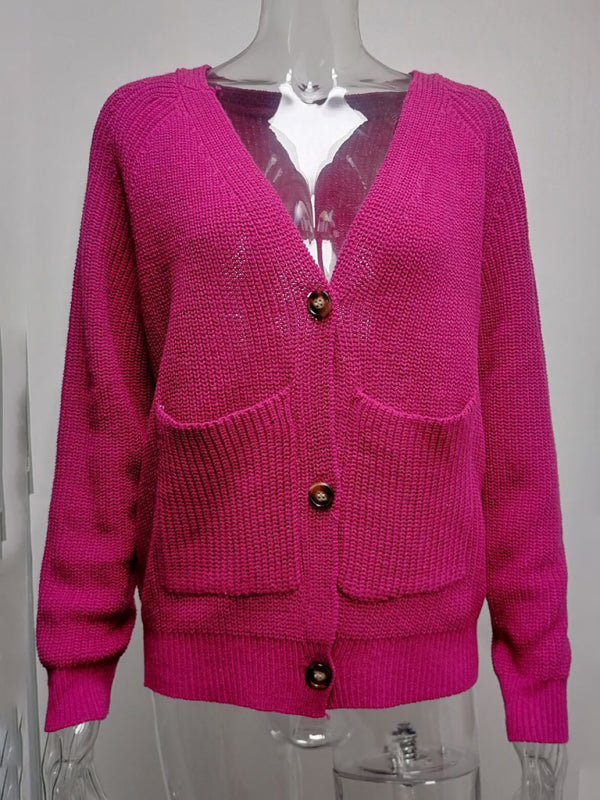 Eileen Solid V-Neck Single Breasted Long Sleeved Sweater