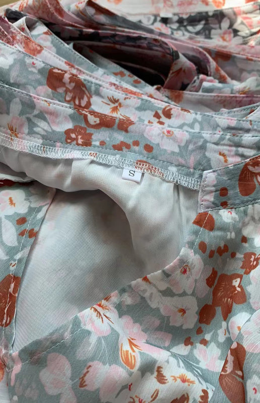 Cyra V-Neck Lantern Sleeve Curved Pendant Floral Print Chiffon Top