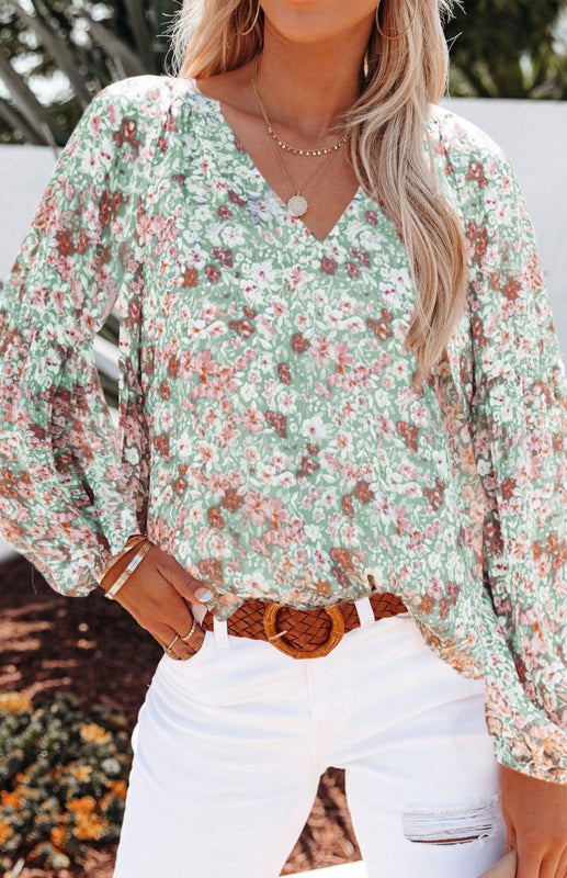 Cyra V-Neck Lantern Sleeve Curved Pendant Floral Print Chiffon Top