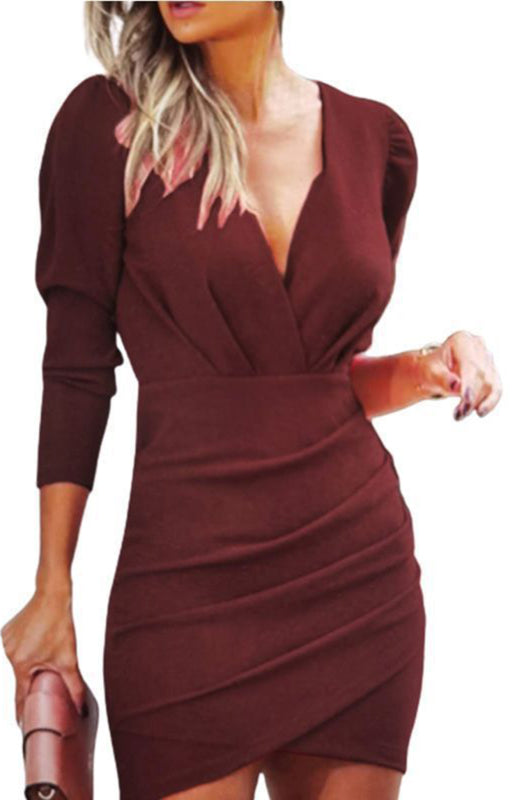 Emiliana V-Neck Pleated Slit Bubble Long-Sleeved Slim Cocktail Dress