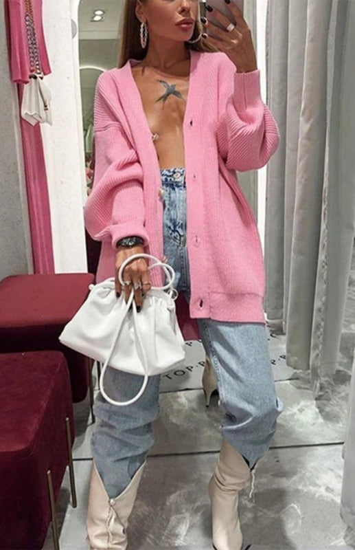 Darlene Candy Color Casual Loose Knit Button Cardigan