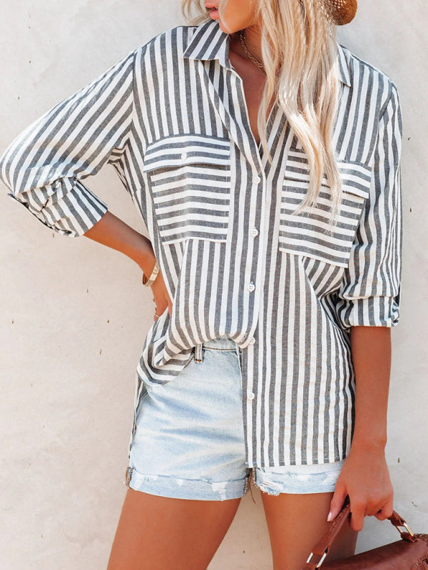 Coralie Women's Linen Cotton Washed Water Stripe Single Breasted Long Sleeve Shirt Women