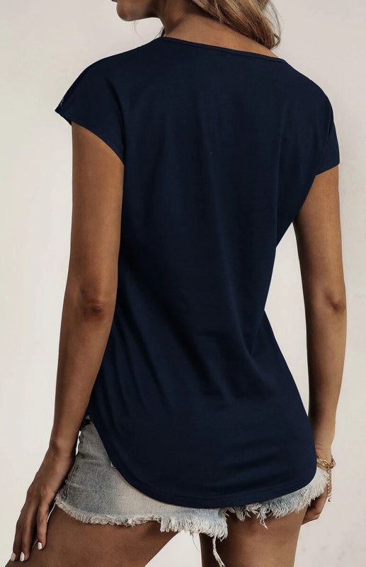 Deanna Women's Round Neck Semi-Stranded Stitching Lace Short Sleeve Tops