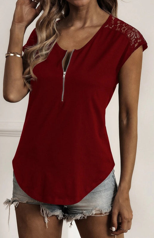 Deanna Women's Round Neck Semi-Stranded Stitching Lace Short Sleeve Tops