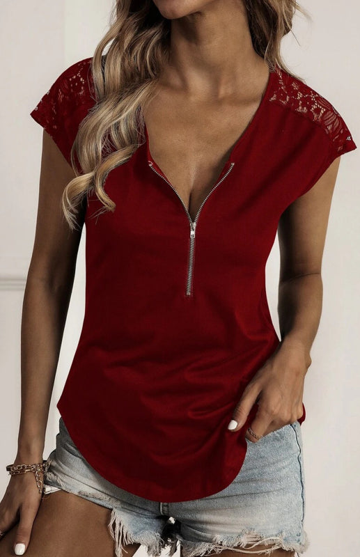 Deanna Women's Round Neck Semi-Stranded Stitching Lace Short Sleeve Tops