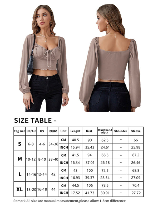 Clover Women's Low Cut Navel Lantern Sleeve Drawstring Fungus Tops