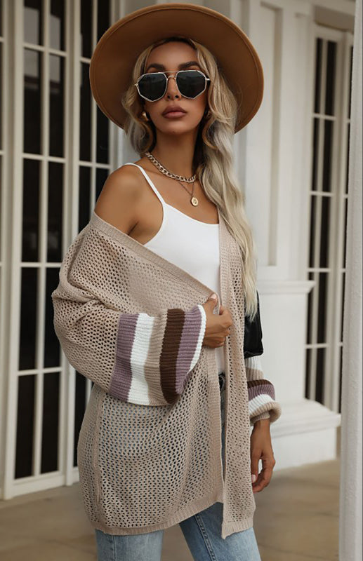 Alisa Ladies Colorblock Loose Cutout Sweater Jacket