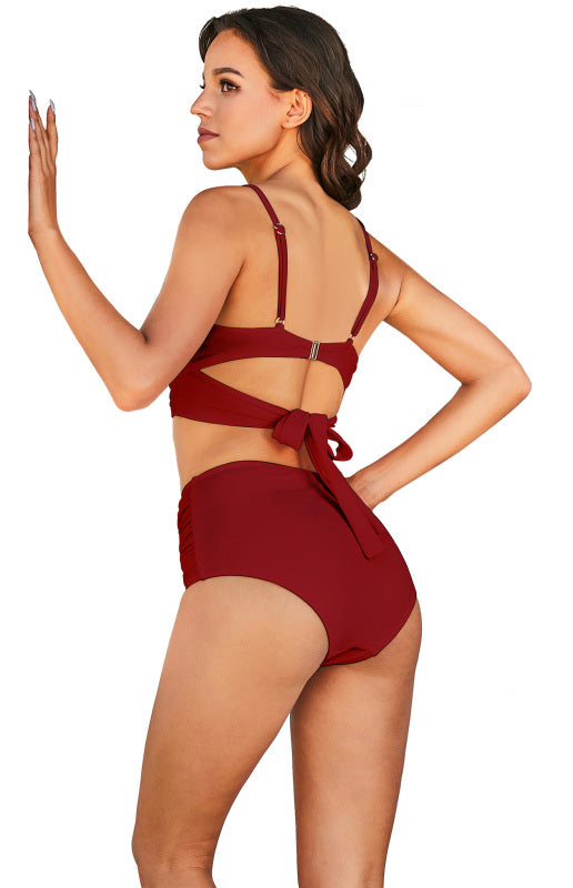Dara Sexy Stretch Gathered Without Underwire Adjustment Shoulder Strap Top & High Waist Bikini Set