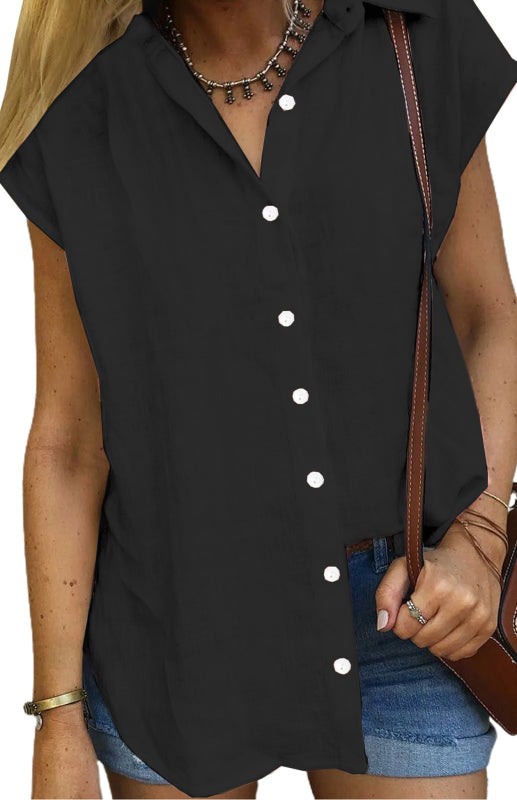Ashlynn Linen Lapel Button Raglan Short Sleeve Shirt Curved Slit Hem Blouse