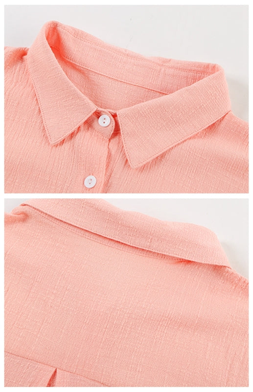 Ashlynn Linen Lapel Button Raglan Short Sleeve Shirt Curved Slit Hem Blouse