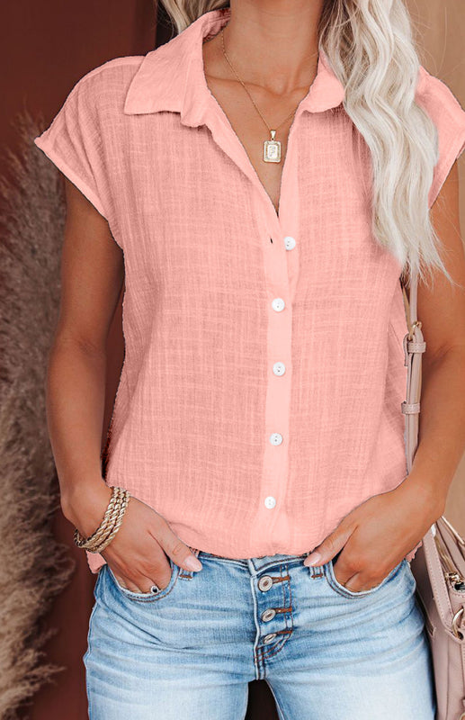Ashlynn Linen Lapel Button Raglan Short Sleeve Shirt Curved Slit Hem Blouse